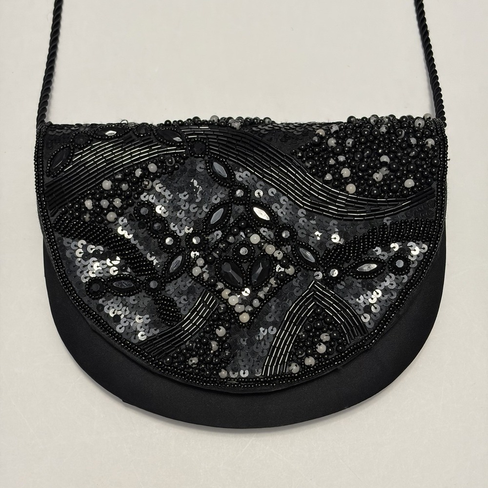 Vtg Whimsical Beaded Crossbody Purse Black Fairy Grunge Prom Evening Gala
